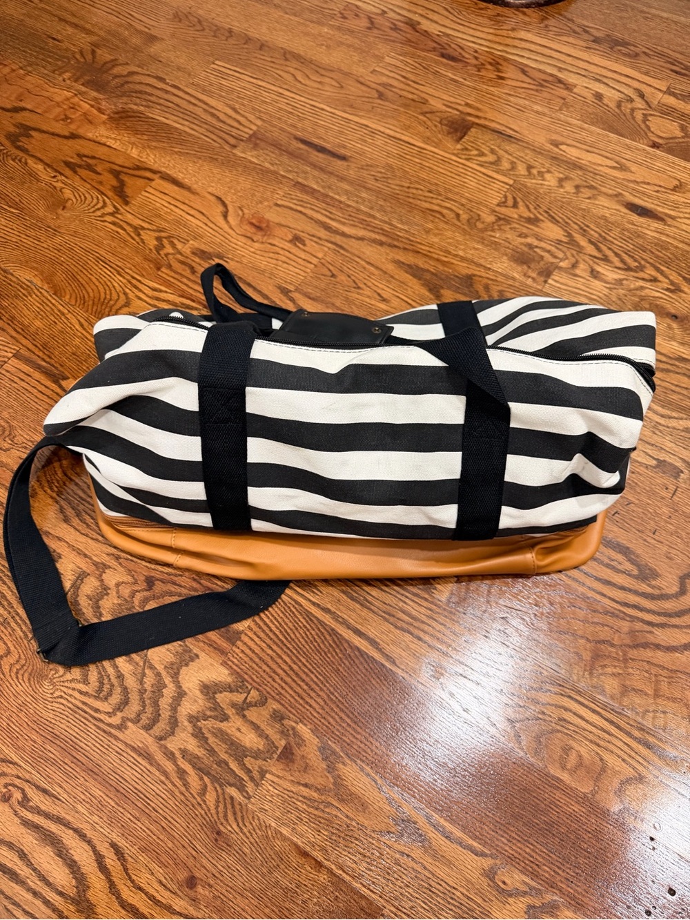 Striped Canvas Duffel Bag with Tan Leather Base